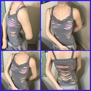 Shredded grey tank with lace trim